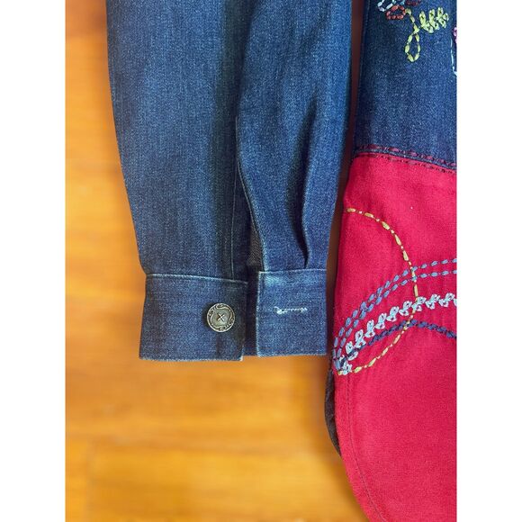 VTG Napa Valley Petites Womens Patchwork Denim Button Down Shirt Top SMALL Jean - Picture 15 of 16